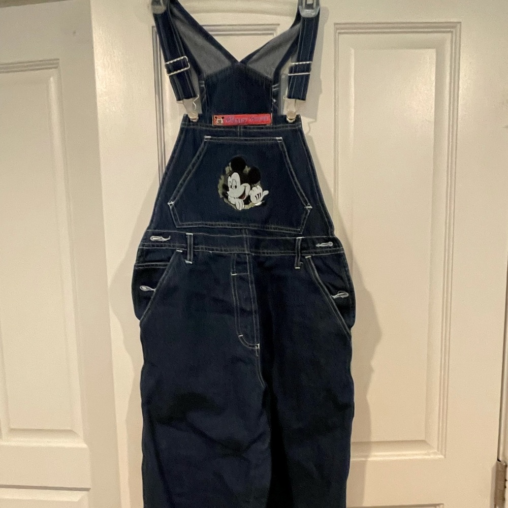90’s Vintage Mickey Embroidered Denim Bib Overalls
